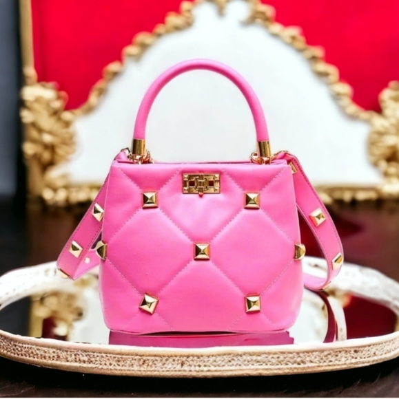 Royal Pink Diamond Quilted Studded Top Handle Shoulder Bag - Picture 3 of 4